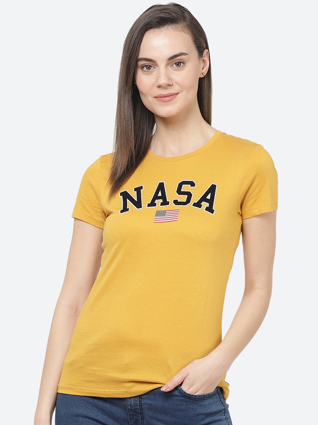 

Free Authority Women Yellow NASA Printed Cotton T-shirt