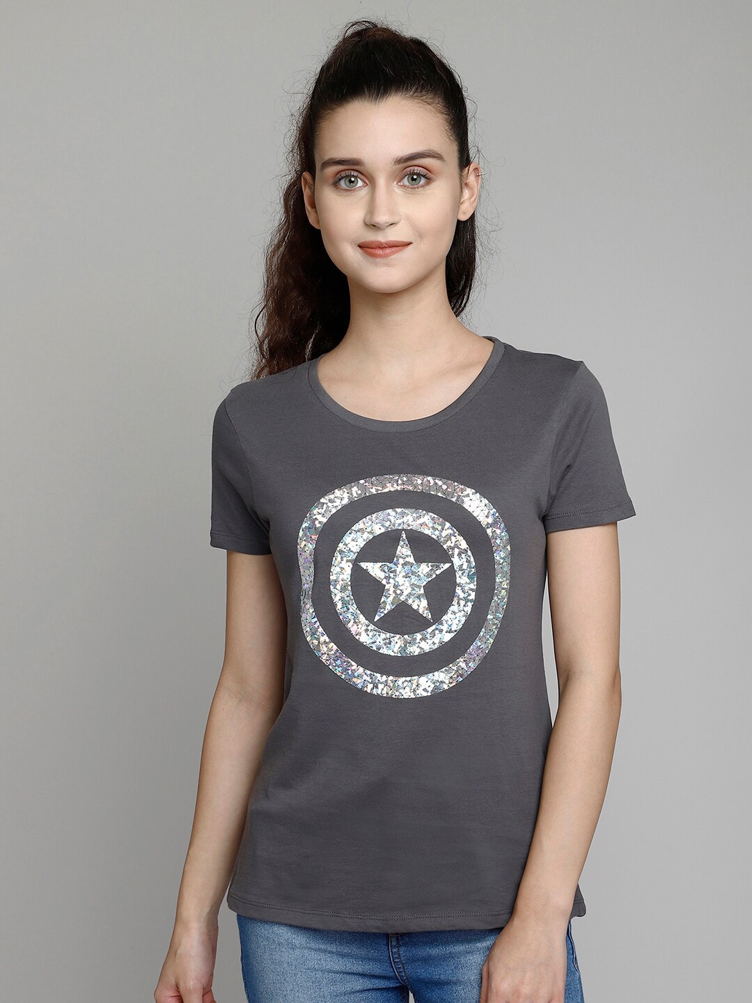 

Free Authority Women Grey Captain America Printed Cotton Pure Cotton T-shirt