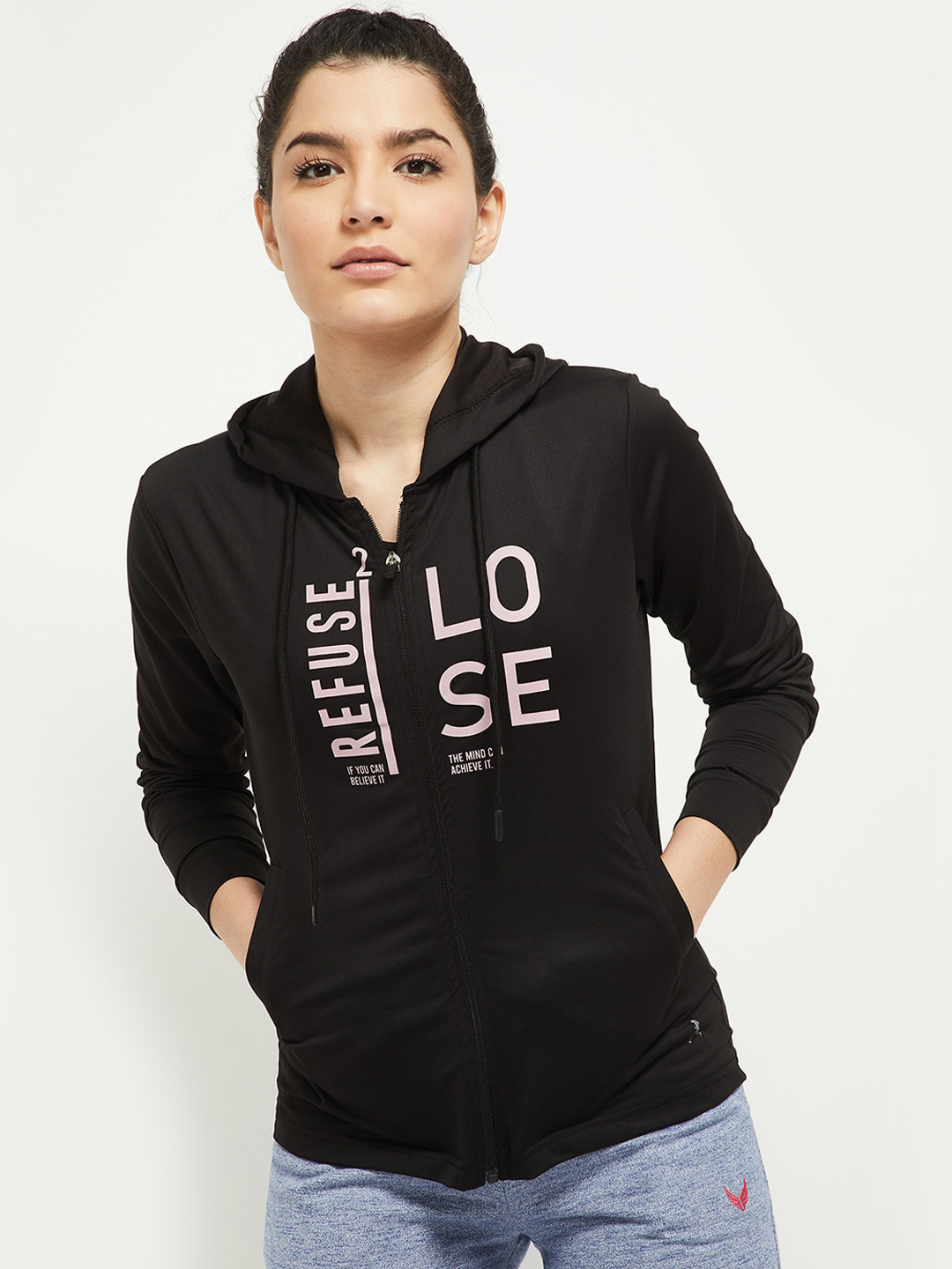 

max Women Black White Typography Sporty Jacket