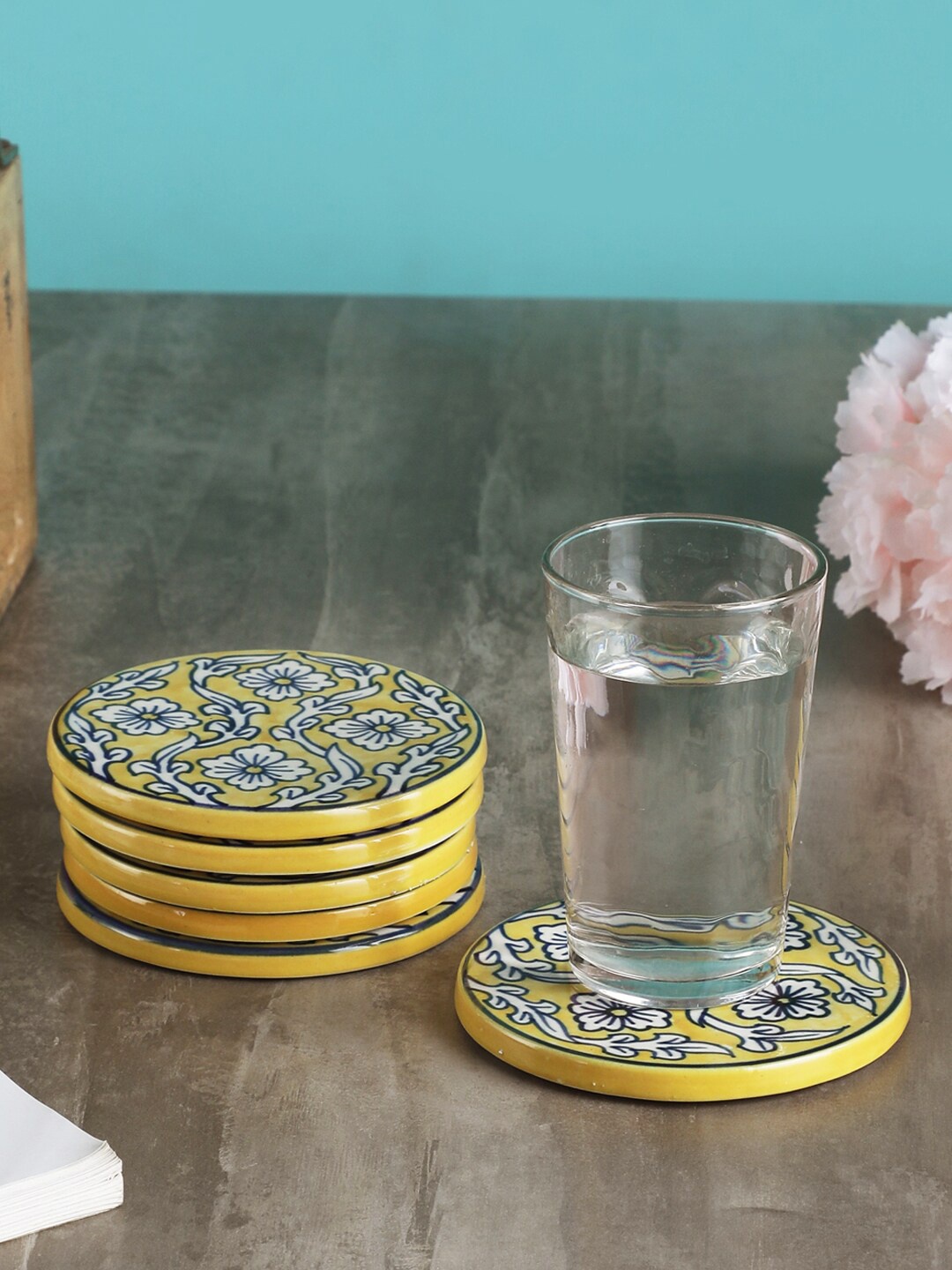 

VarEesha Set Of 6 Yellow & White Handcrafted Ceramic Coasters