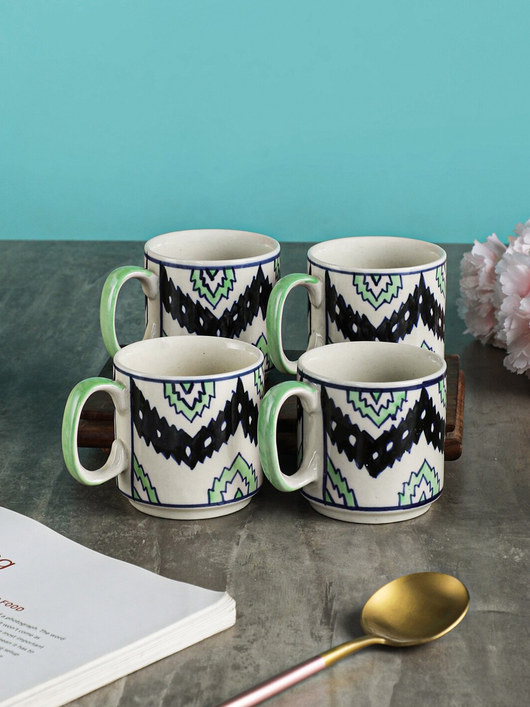 

VarEesha Off White & Black Handcrafted and Hand Painted Printed Ceramic Glossy Mugs Set of Cups and Mugs