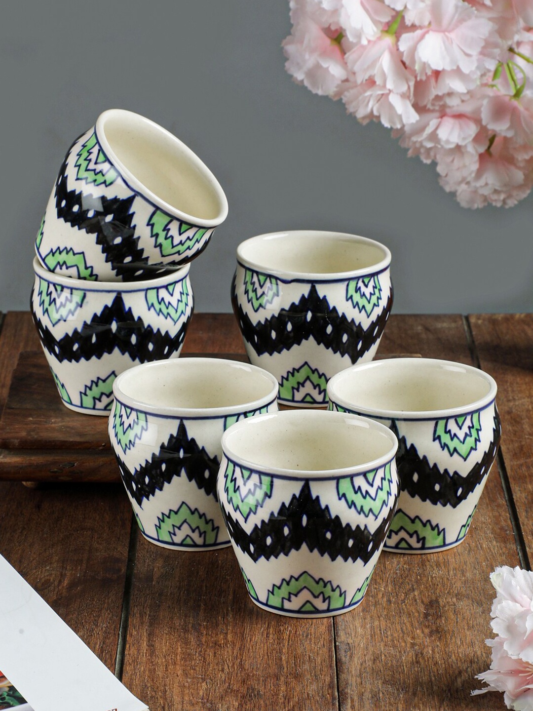 

VarEesha Set-6 Off White & Green Handcrafted & Hand Painted Ceramic Glossy Kulladhs Mugs