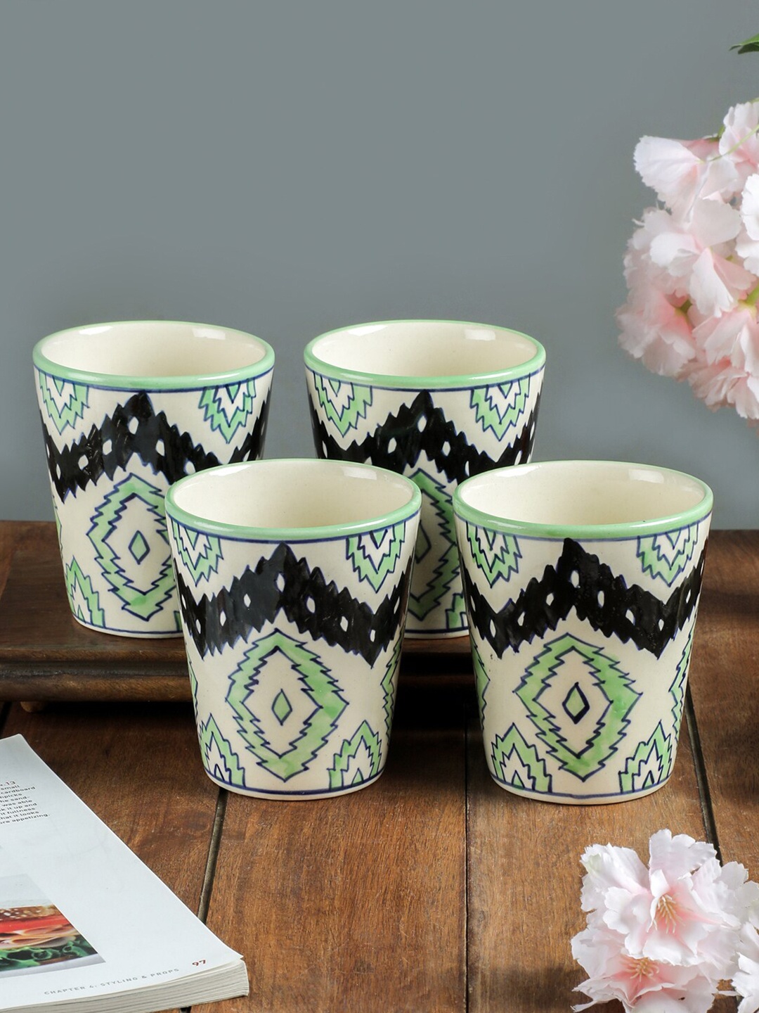 

VarEesha Set Of 4 Off White & Green Printed Ceramic Glossy Cups