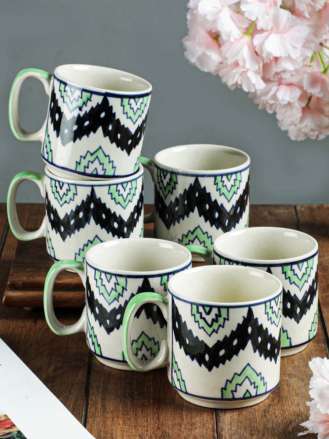 

VarEesha Off White & Green Handcrafted and Hand Painted Printed Ceramic Glossy Mugs Set of Cups and Mugs