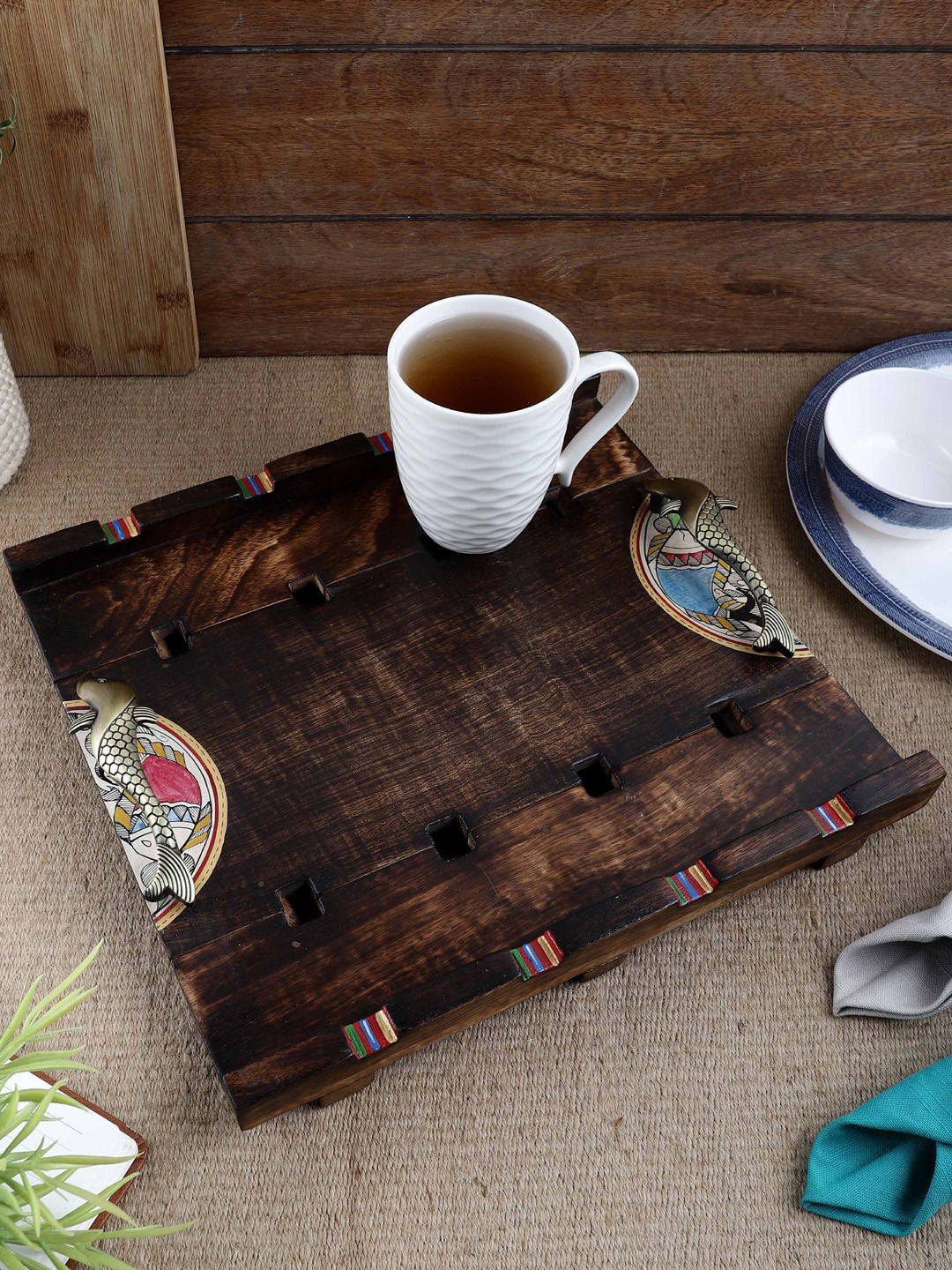 

VarEesha Brown Printed Madhubani Work Large Tray With Brass Handles
