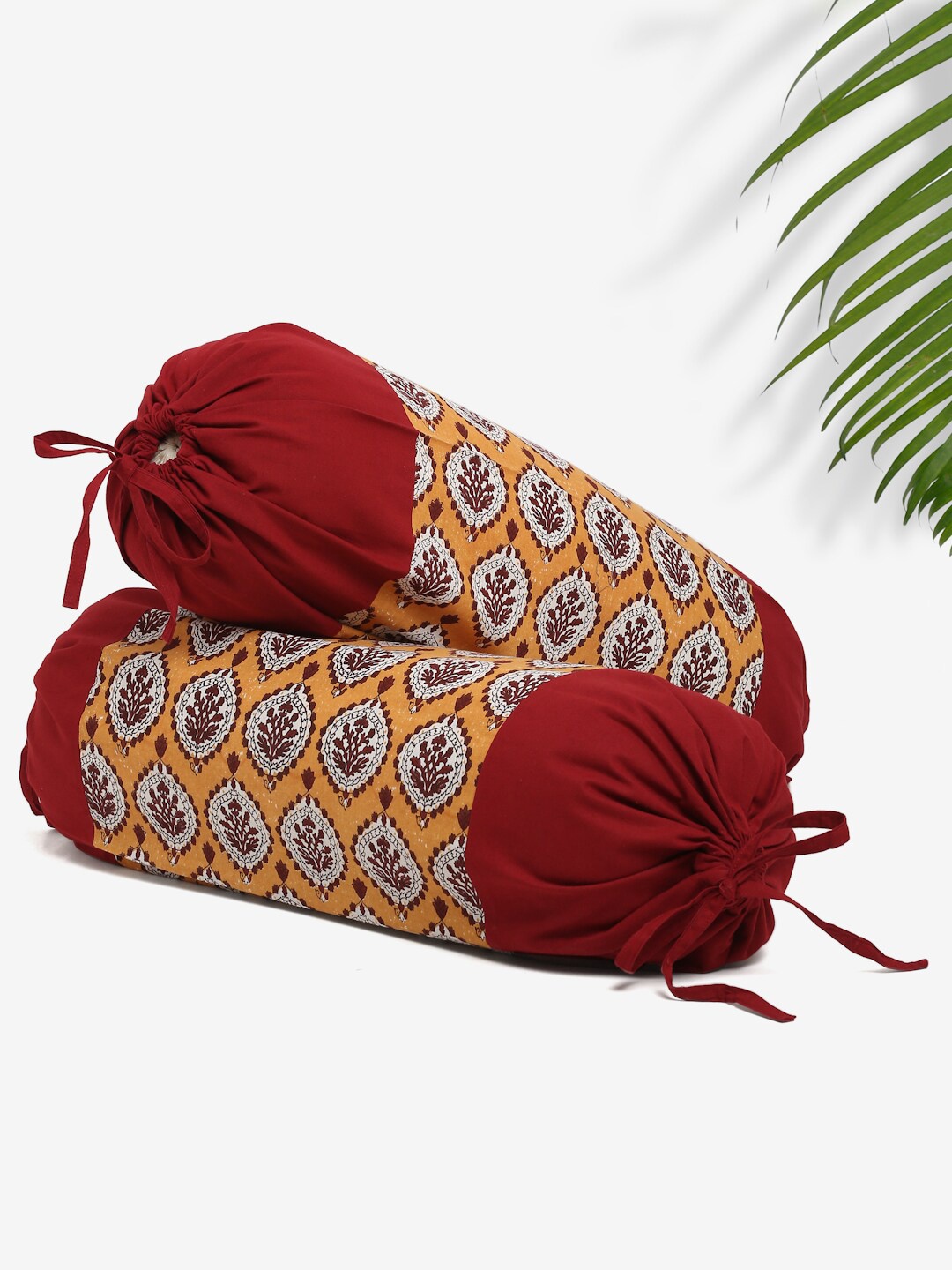 

Rajasthan Decor Set Of 2 Mustard Yellow & Maroon Printed Cotton Bolster Covers