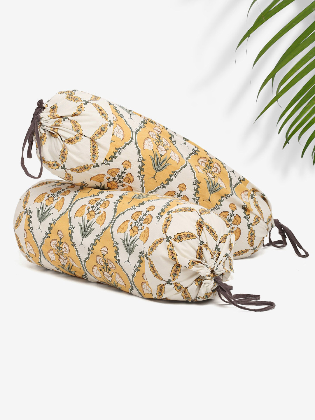 

Rajasthan Decor Set Of 2 Cream-Coloured & Yellow Printed Cotton Bolster Covers