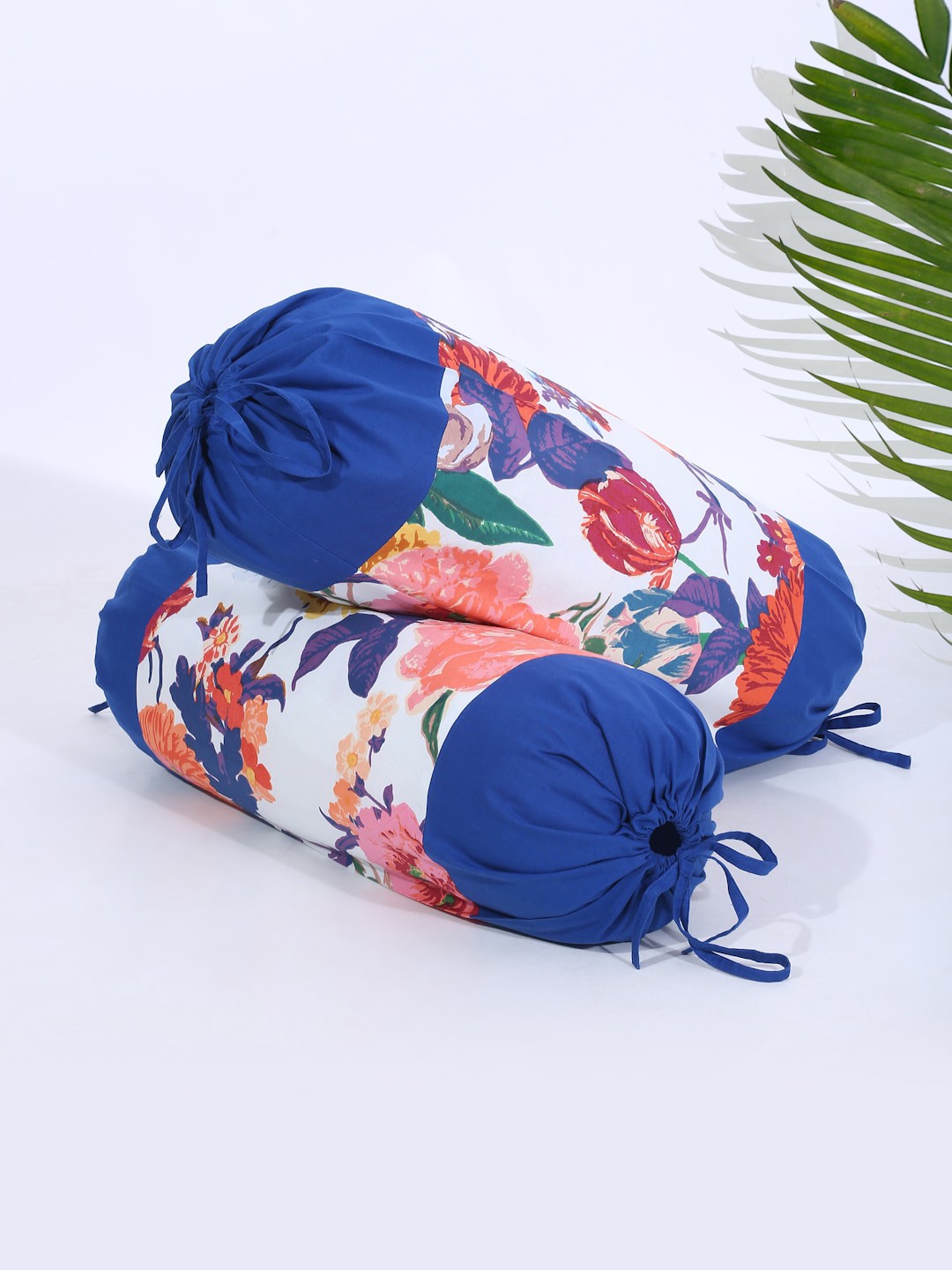 

Rajasthan Decor Set Of 2 White & Pink Printed Cotton Bolster Covers