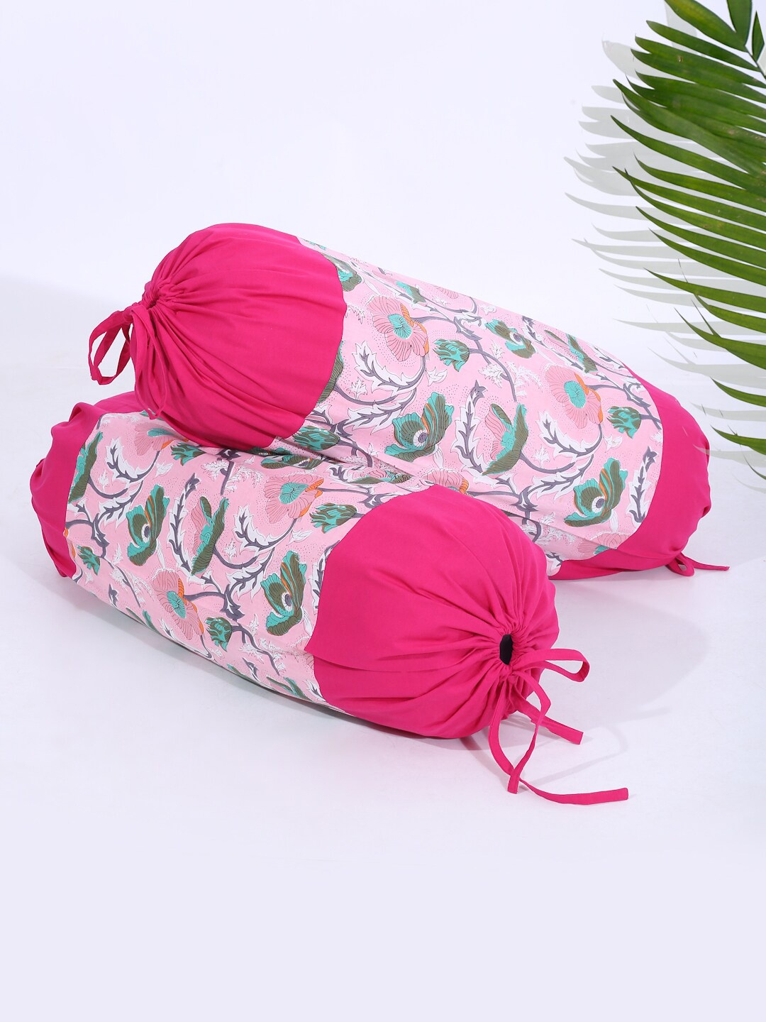 

Rajasthan Decor Set Of 2 Pink & Green Screen Print Cotton Bolster Covers