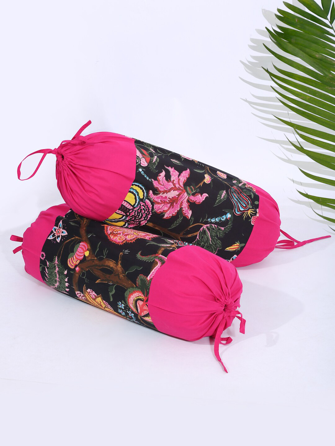 

Rajasthan Decor Set Of 2 Pink & Black Screen Print Cotton Bolster Covers