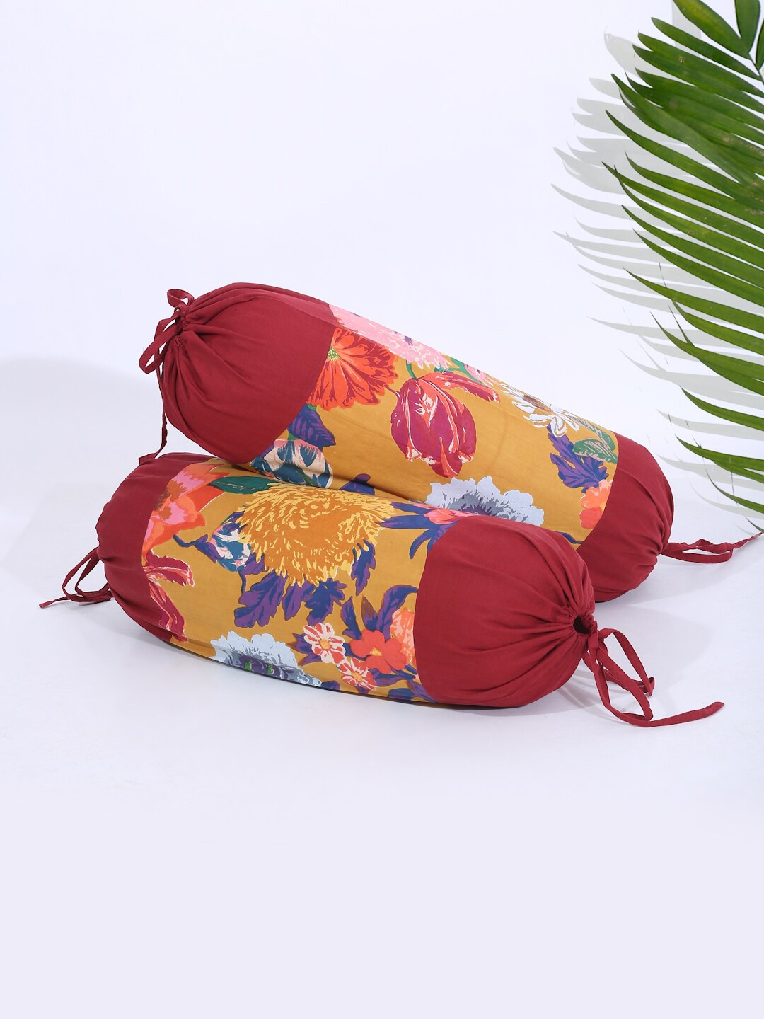 

Rajasthan Decor Set Of 2 Mustard-Yellow & Maroon Screen Print Cotton Bolster Covers