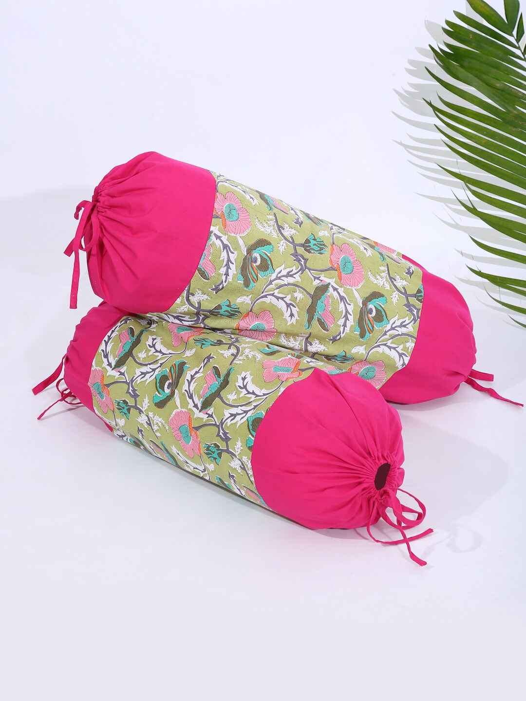 

Rajasthan Decor Set Of 2 Pink & Green Screen Print Cotton Bolster Covers