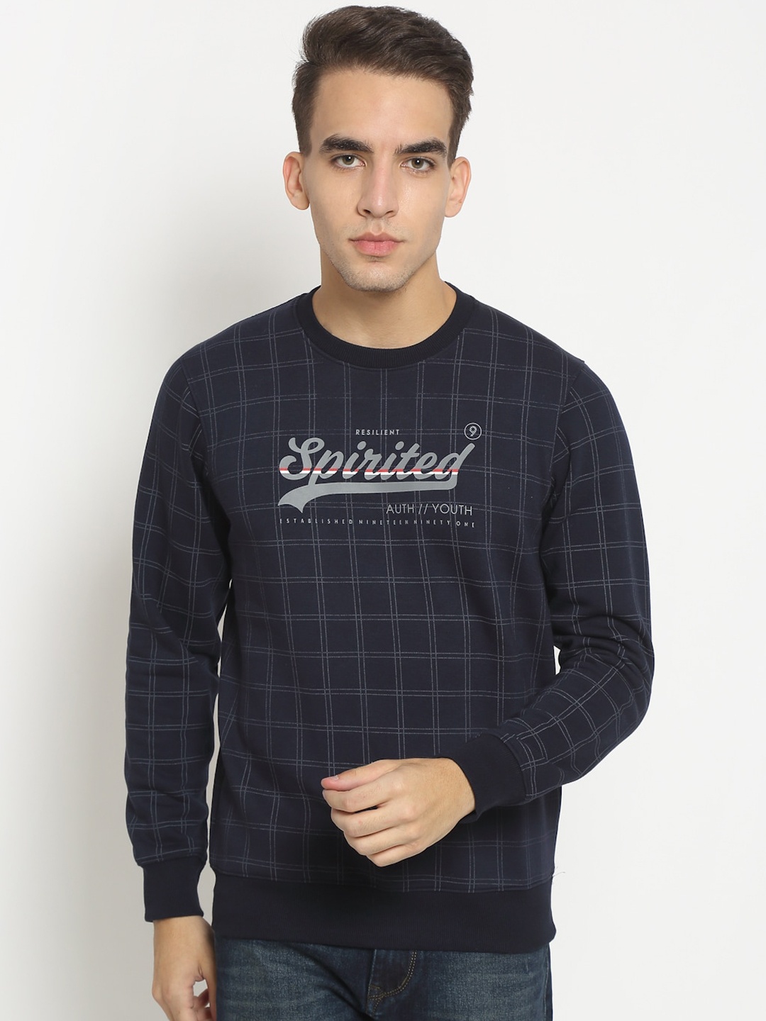 

Rodamo Men Navy Blue Checked Sweatshirt