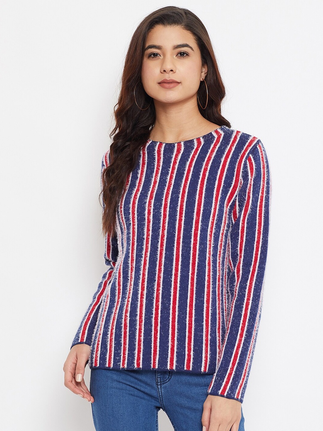 

Madame Women Navy Blue & Red Striped Pullover
