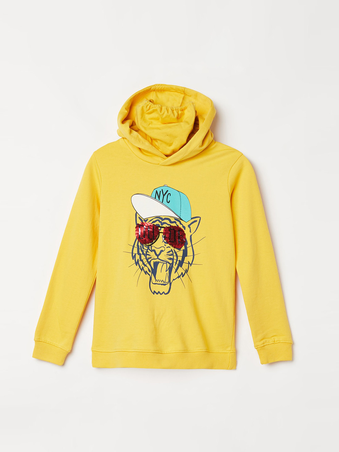 

Fame Forever by Lifestyle Boys Yellow & Navy Blue Printed Hooded Sweatshirt