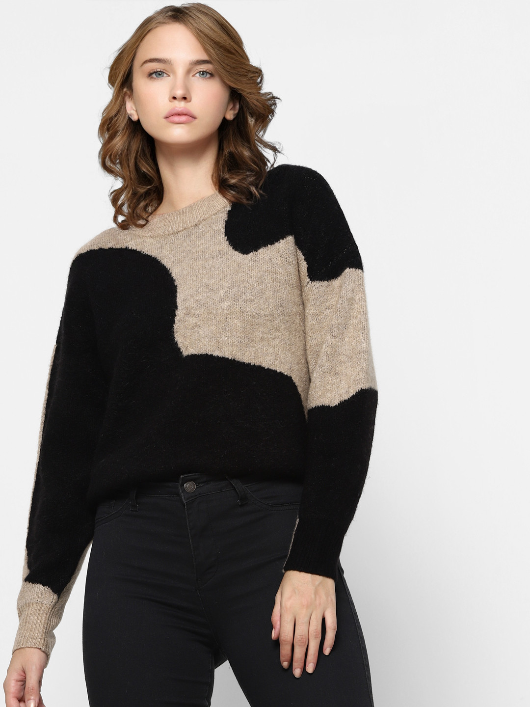 

ONLY Women Black & Beige Colourblocked Jacqaurd Knit Pullover Sweater