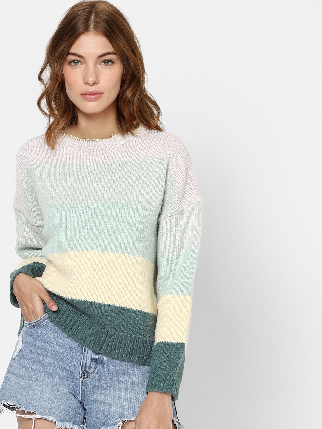 

ONLY Women Green & Pink Colourblocked Pullover