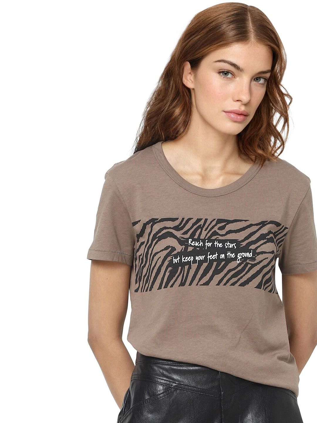 

ONLY Women Brown Printed Cotton T-shirt