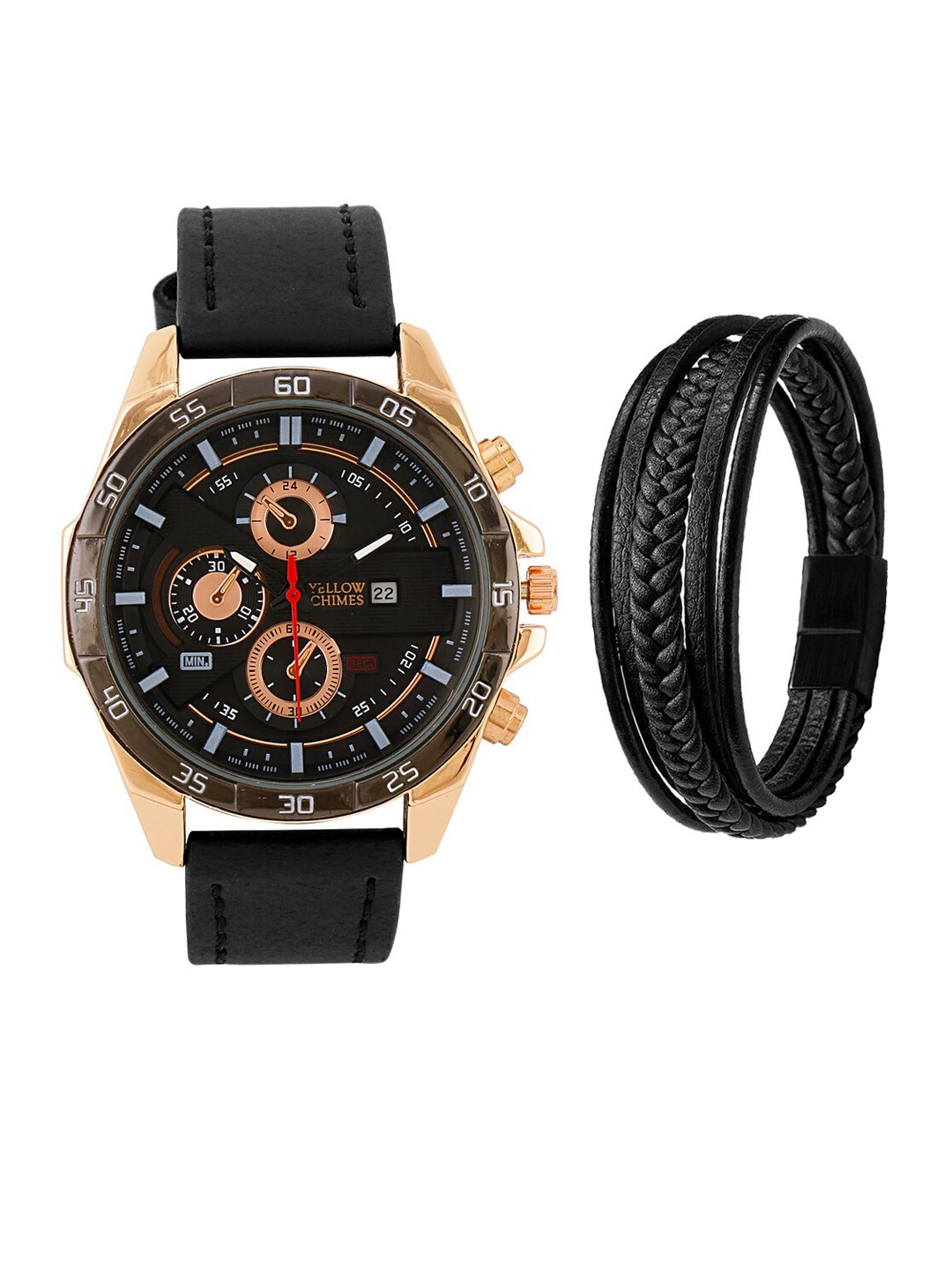 

Yellow Chimes Men Black Analogue Watch with Genuine Leather Bracelet