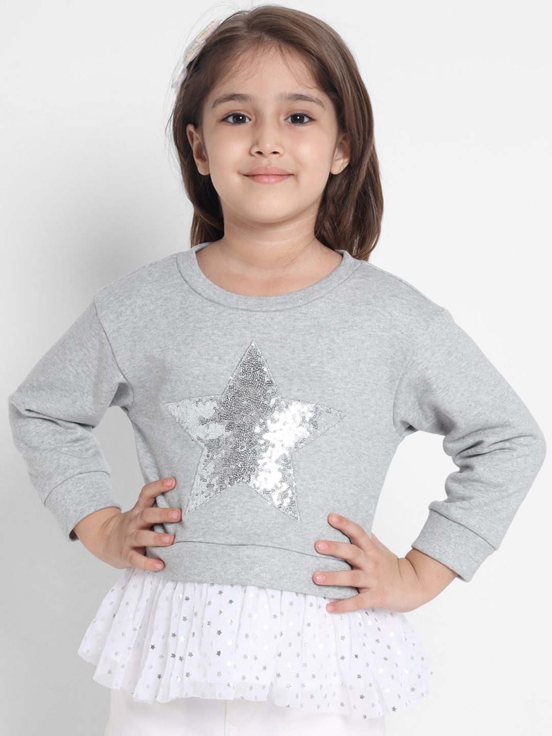 

Nauti Nati Girls Grey & Silver-Toned Embellished Pure Cotton Sweatshirt