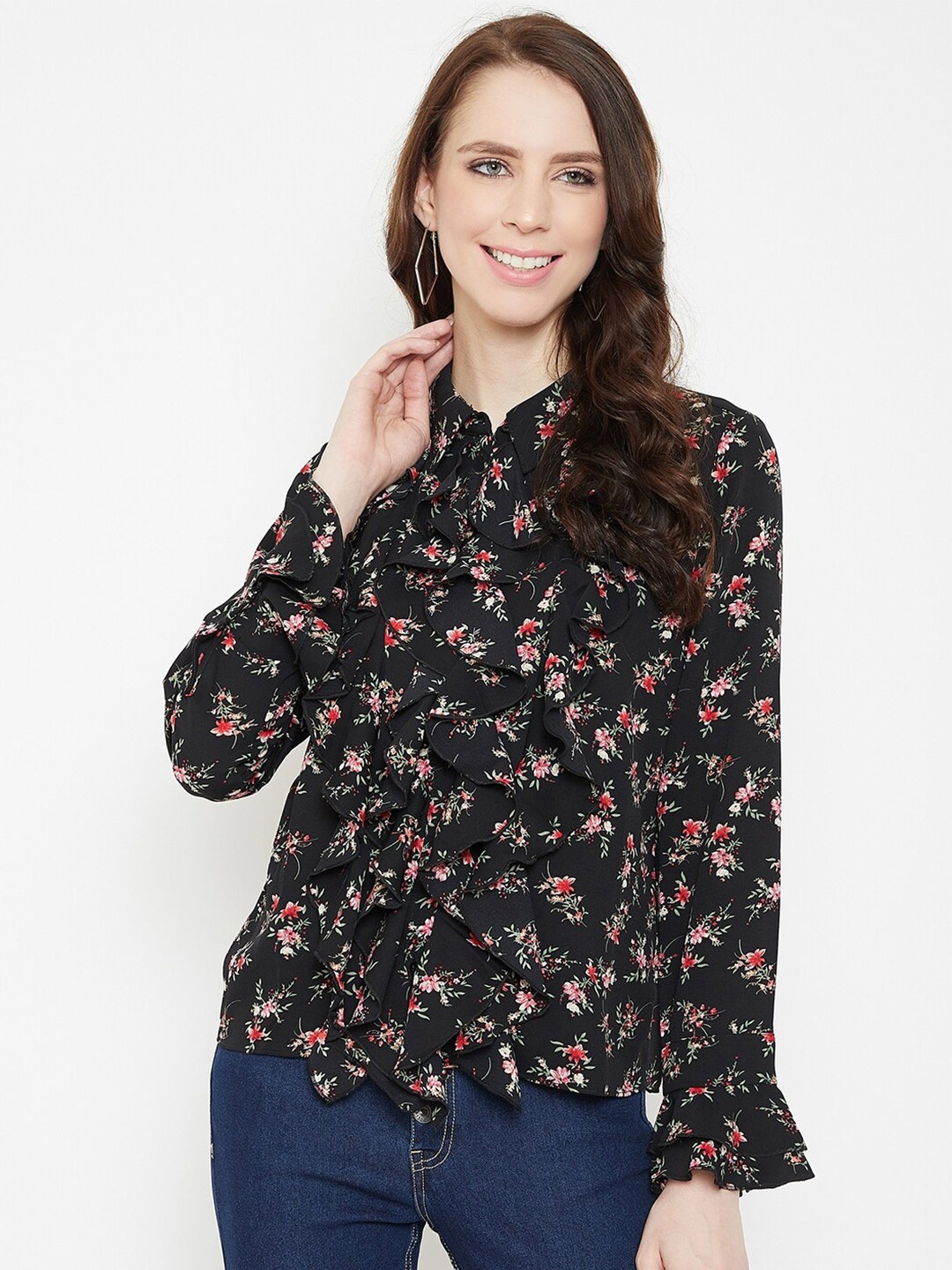 

Madame Black & Red Floral Ruffles Shirt Style Top