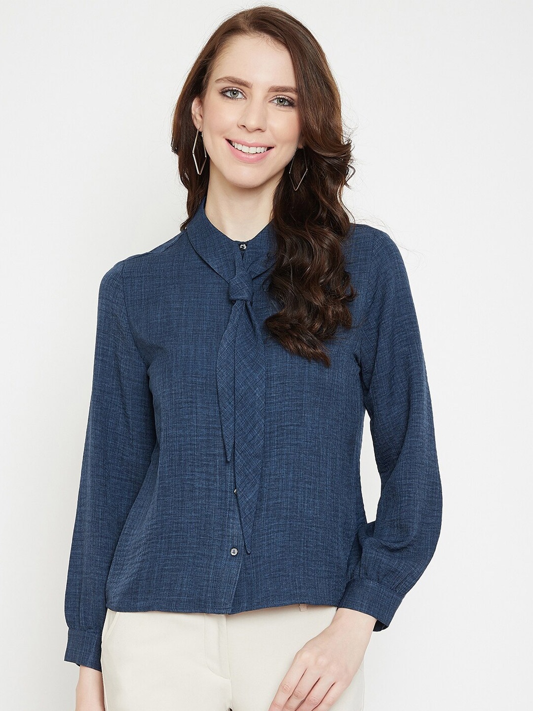 

Madame Navy Blue Tie-Up Neck Shirt Style Top