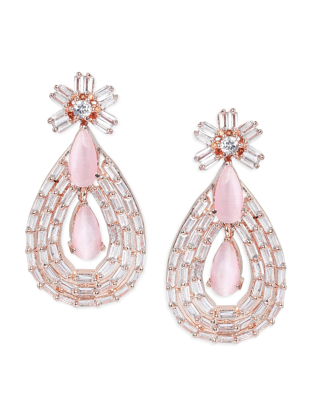 

Rubans Rose Gold-Plated & Rose Gold Stones Studded Teardrop Shaped Drop Earrings