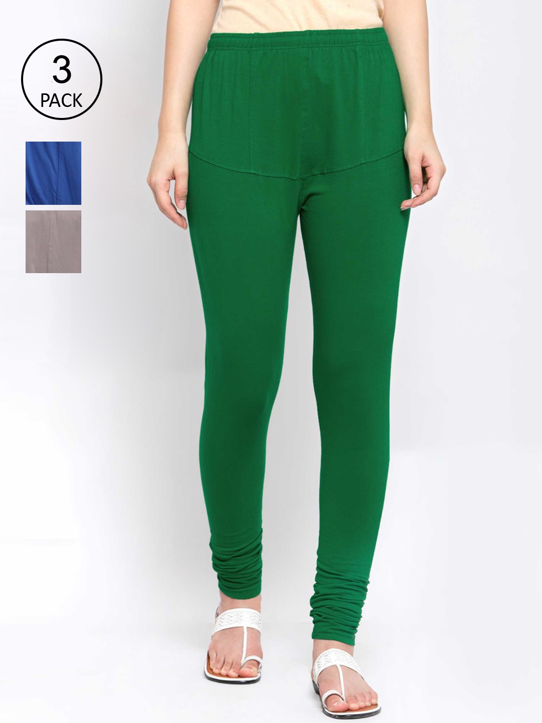 

KLOTTHE Women Pack Of 3 Multicoloured Solid Cotton Churidar-Length Leggings, Green