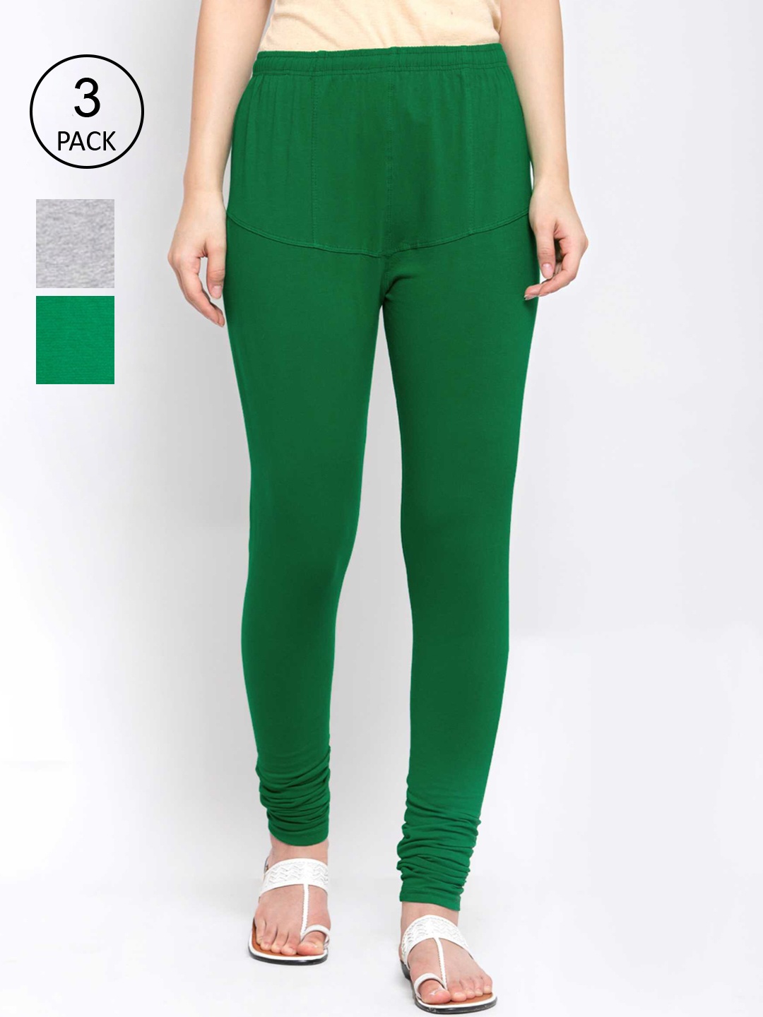 

KLOTTHE Women Pack Of 3 Solid Cotton Churidar-Length Leggings, Green