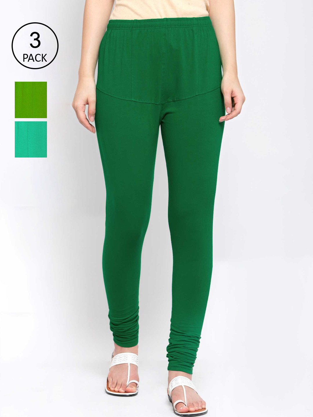 

KLOTTHE Women Pack of 3 Solid Cotton Churidar-Length Leggings, Green