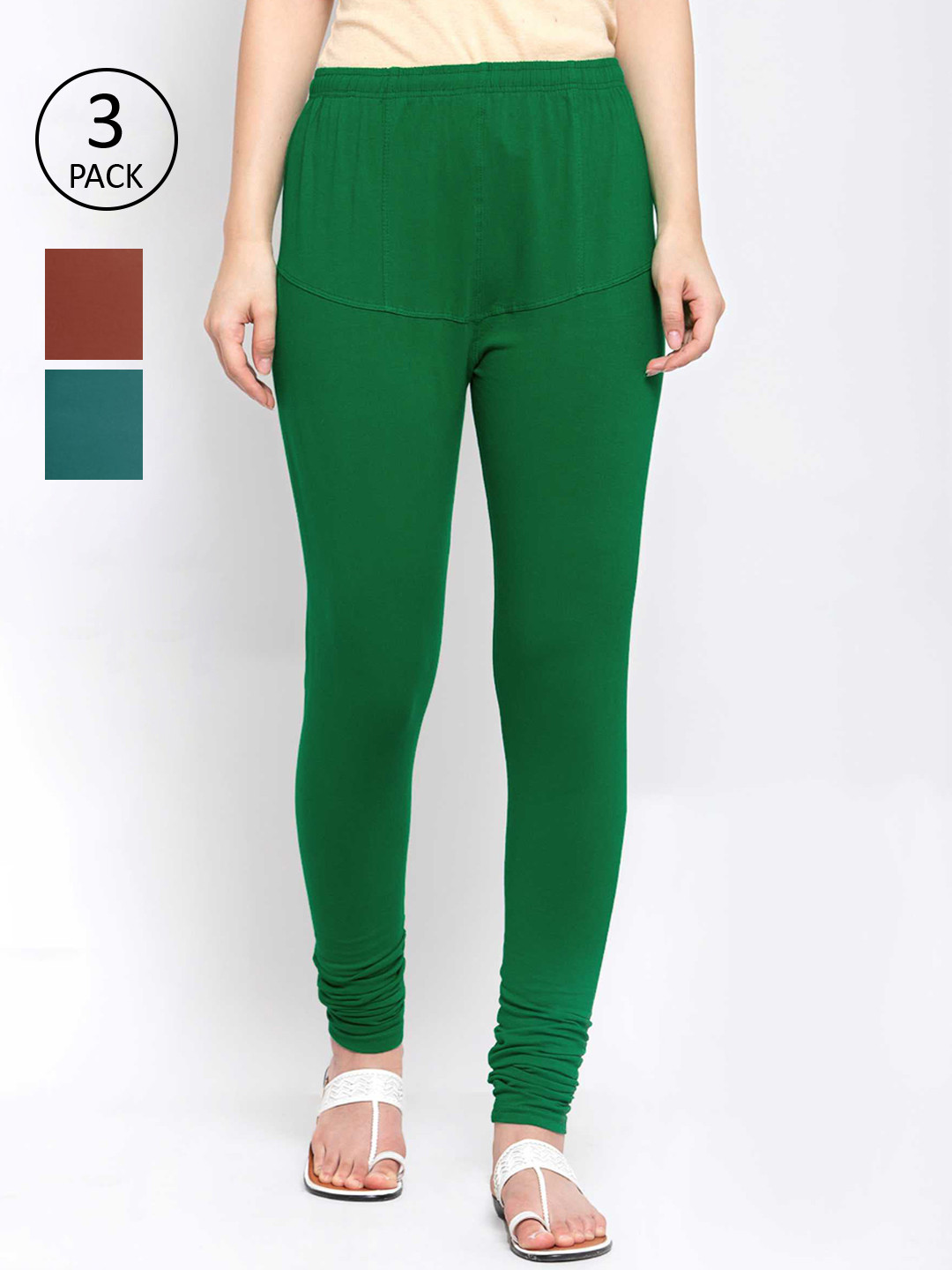 

KLOTTHE Women Pack Of 3 Solid Cotton Churidar-Length Leggings, Green