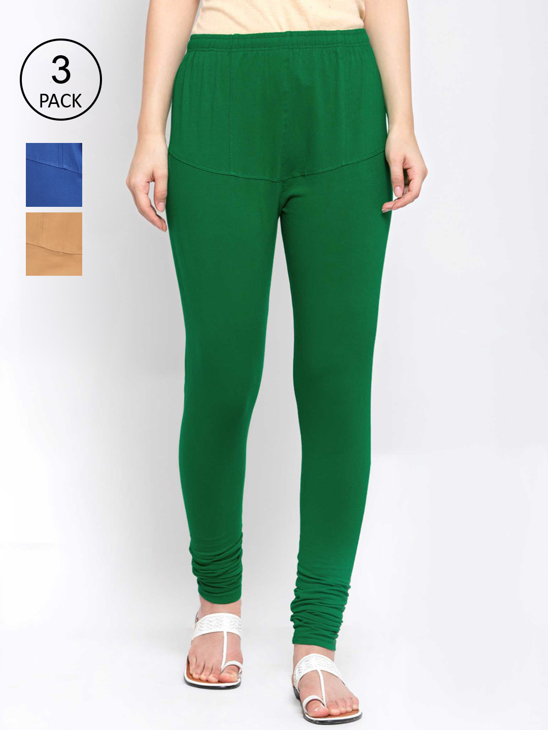 

KLOTTHE Women Pack Of 3 Solid Cotton Churidar-Length Leggings, Blue