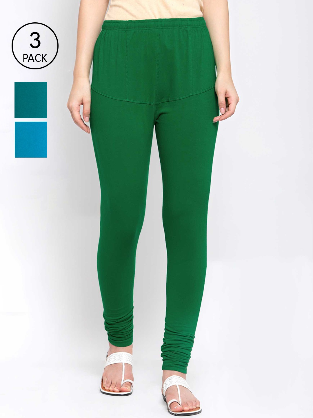 

KLOTTHE Women Pack Of 3 Solid Cotton Churidar-Length Leggings, Green