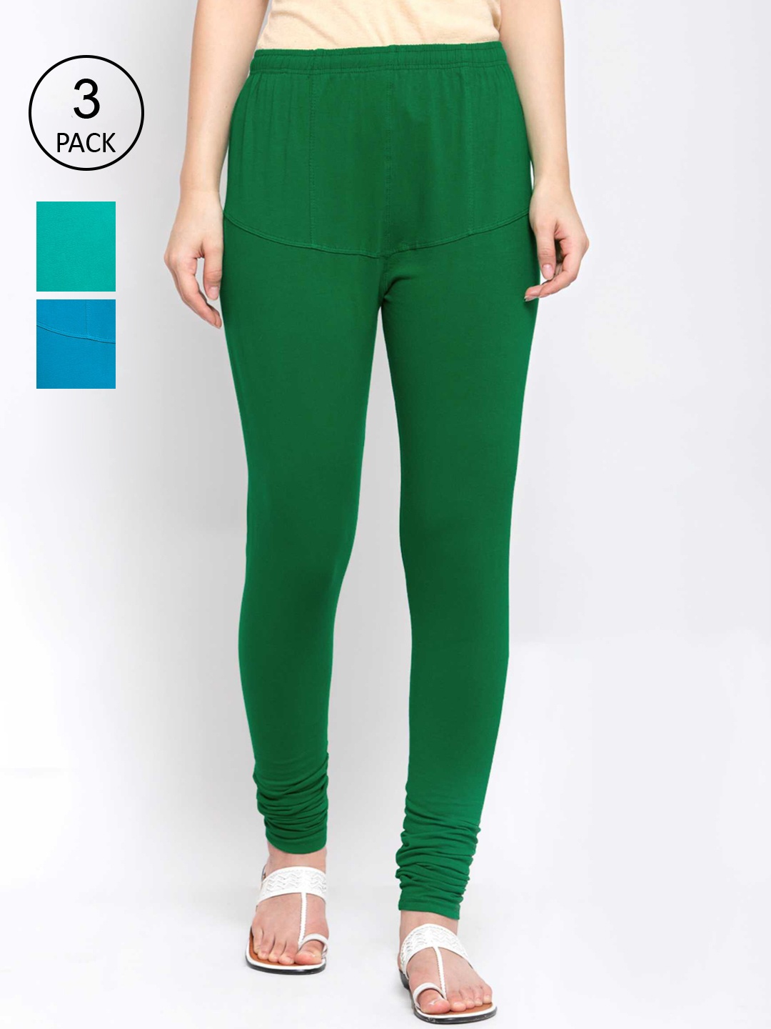 

KLOTTHE Women Pack Of 3 Solid Cotton Churidar-Length Leggings, Green