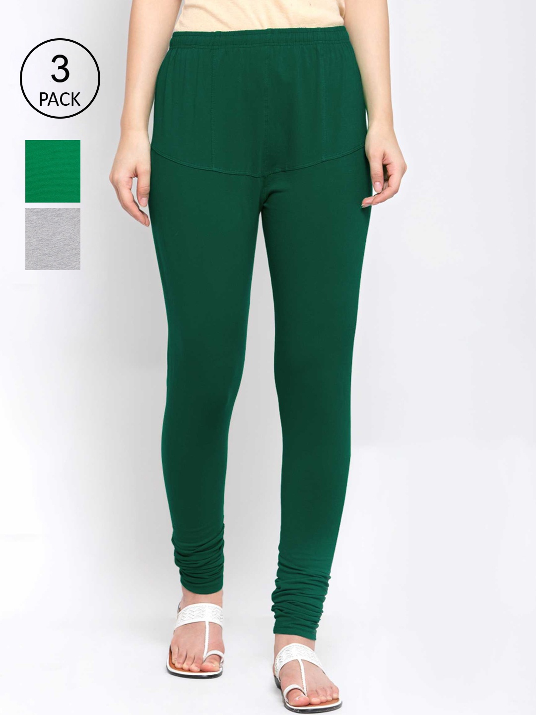 

KLOTTHE Women Pack Of 3 Solid Cotton Churidar-Length Leggings, Green