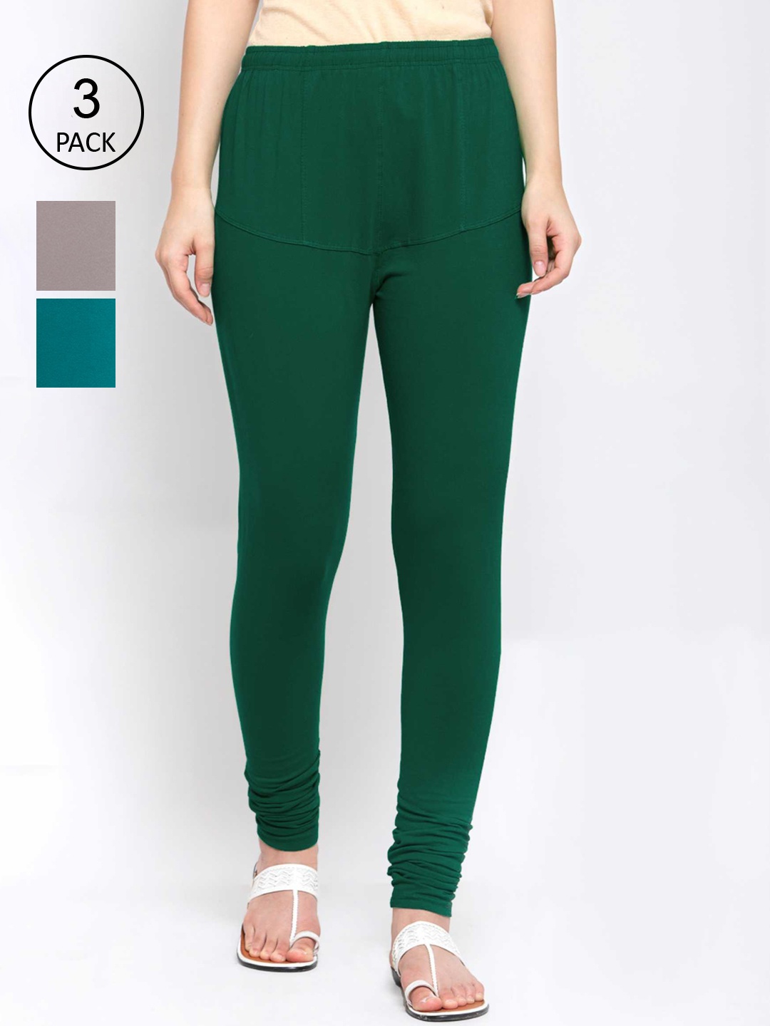

KLOTTHE Women Pack Of 3 Solid Cotton Churidar-Length Leggings, Green