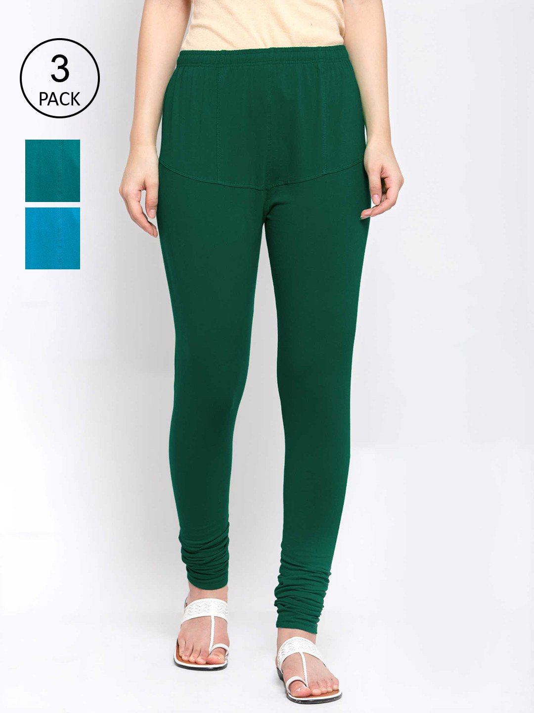 

KLOTTHE Women Pack Of 3 Solid Cotton Churidar-Length Leggings, Green