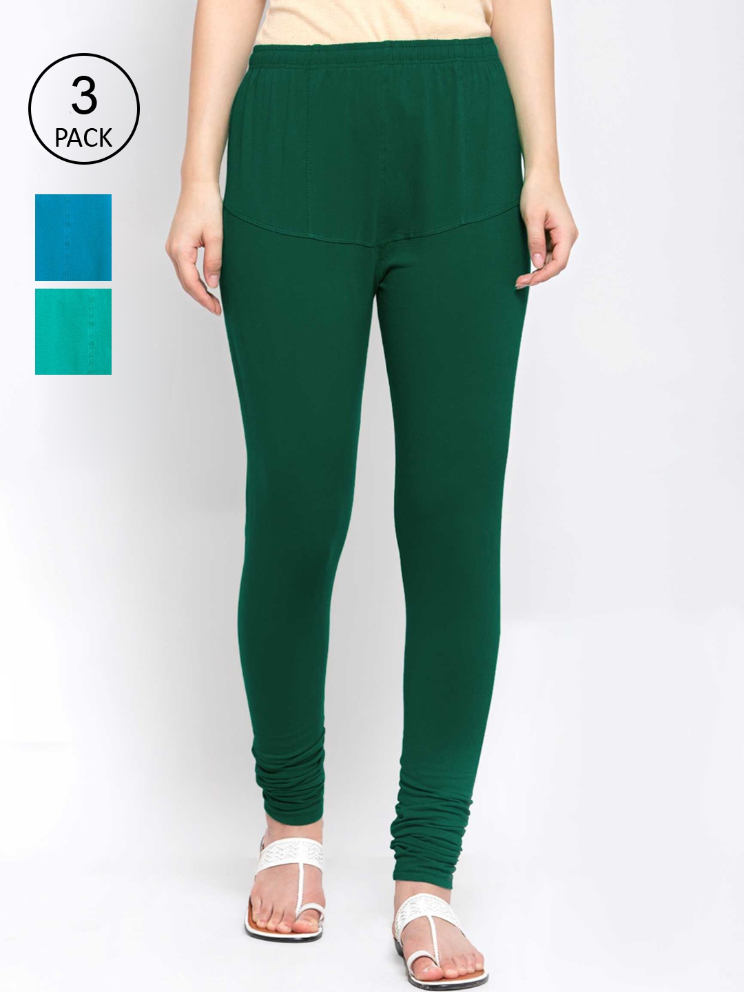

KLOTTHE Women Pack Of 3 Solid Cotton Churidar-Length Leggings, Green