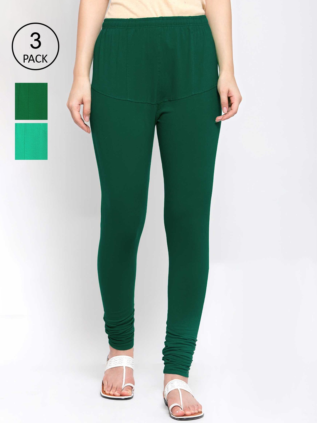 

KLOTTHE Women Pack Of 3 Green Solid Cotton Churidar-Length Leggings