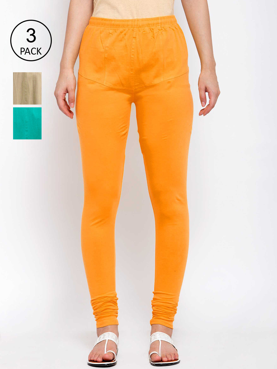 

KLOTTHE Women Pack Of 3 Solid Cotton Churidar-Length Leggings, Yellow