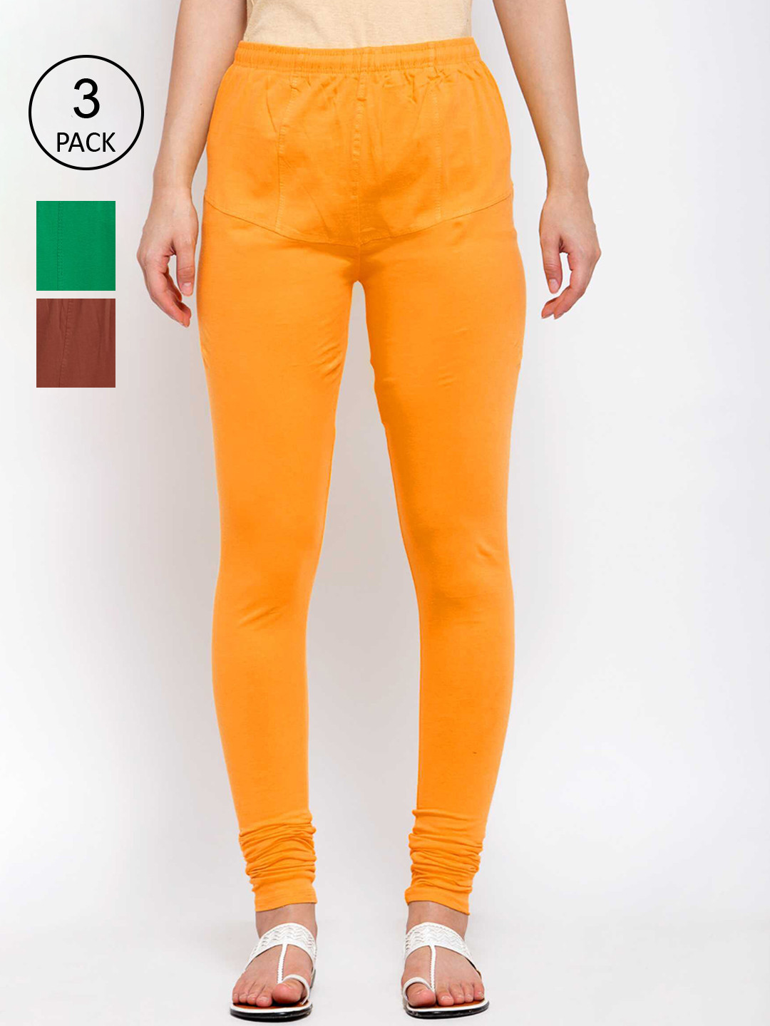 

KLOTTHE Women Pack Of 3 Solid Cotton Churidar-Length Leggings, Orange