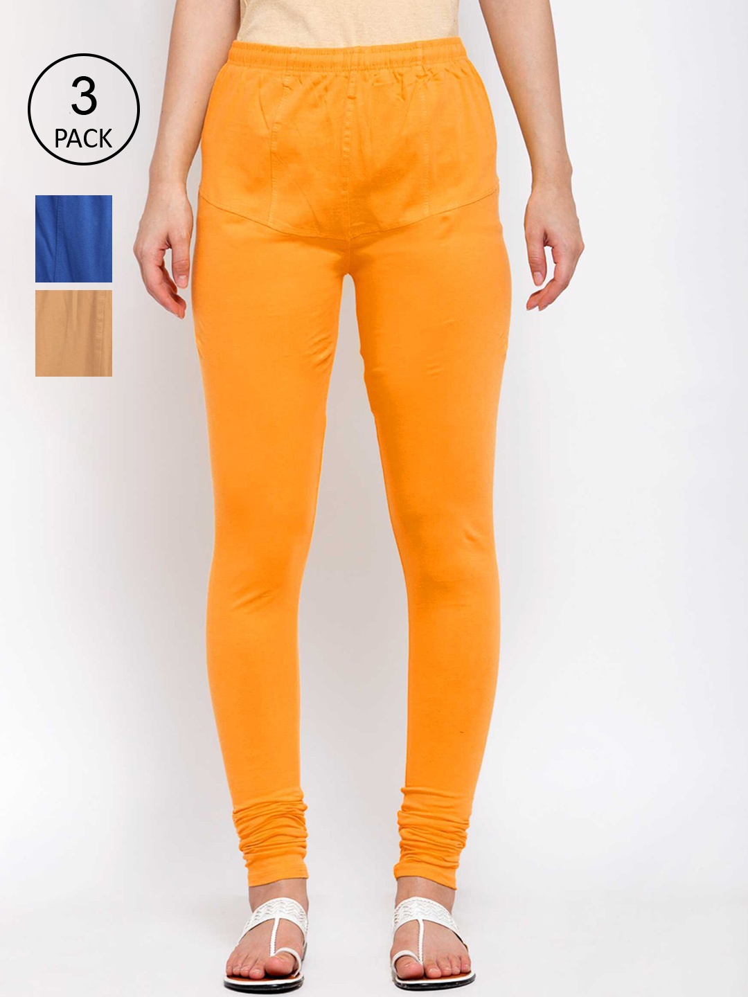 

KLOTTHE Women Pack Of 3 Solid Cotton Churidar-Length Leggings, Yellow