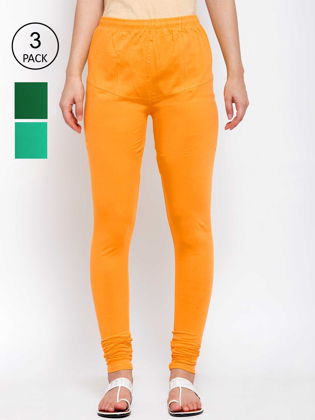 

KLOTTHE Women Pack of 3 Mustard Yellow & Green Cotton Churidar-Length Leggings