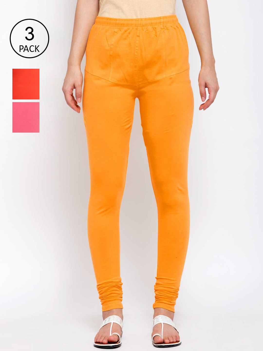

KLOTTHE Women Pack Of 3 Solid Cotton Churidar-Length Leggings, Coral