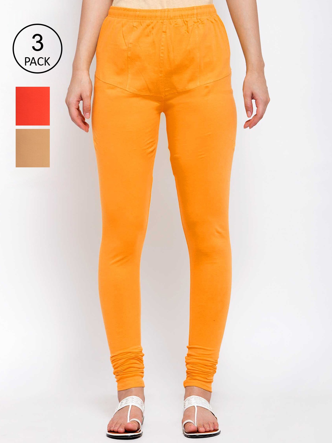

KLOTTHE Women Pack Of 3 Solid Cotton Churidar-Length Leggings, Orange
