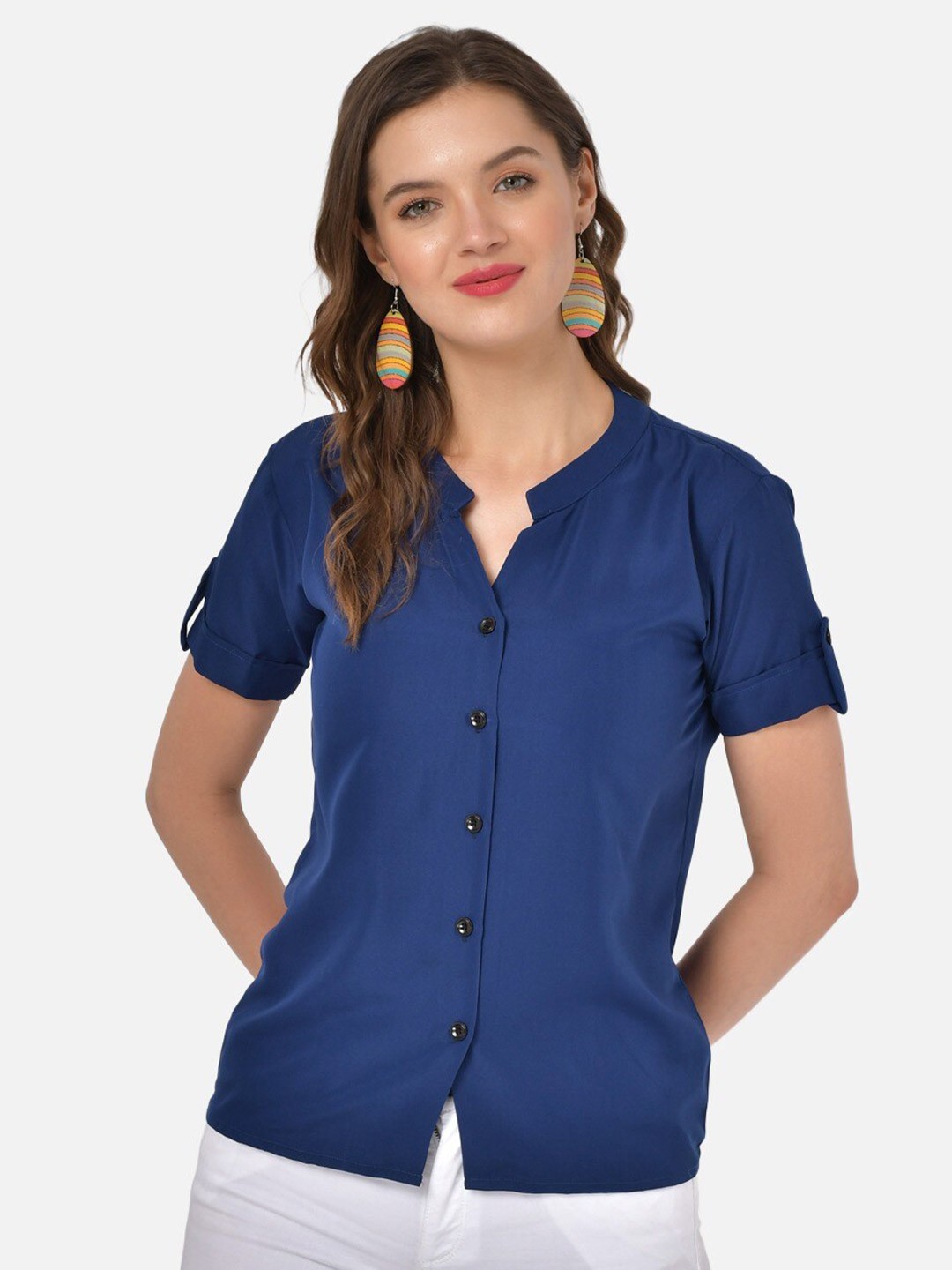

Klamotten Navy Blue Mandarin Collar Crepe Shirt Style Top
