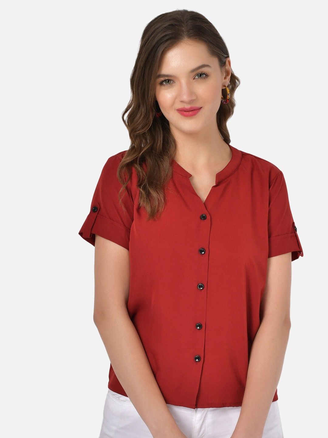 

Klamotten Maroon Mandarin Collar Crepe Shirt Style Top