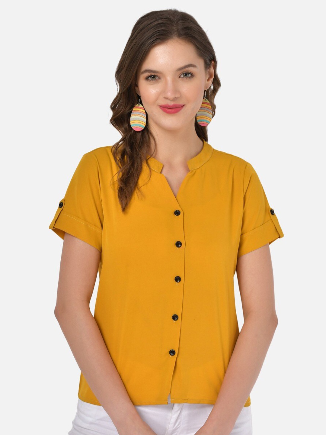 

Klamotten Yellow Mandarin Collar Crepe Shirt Style Top