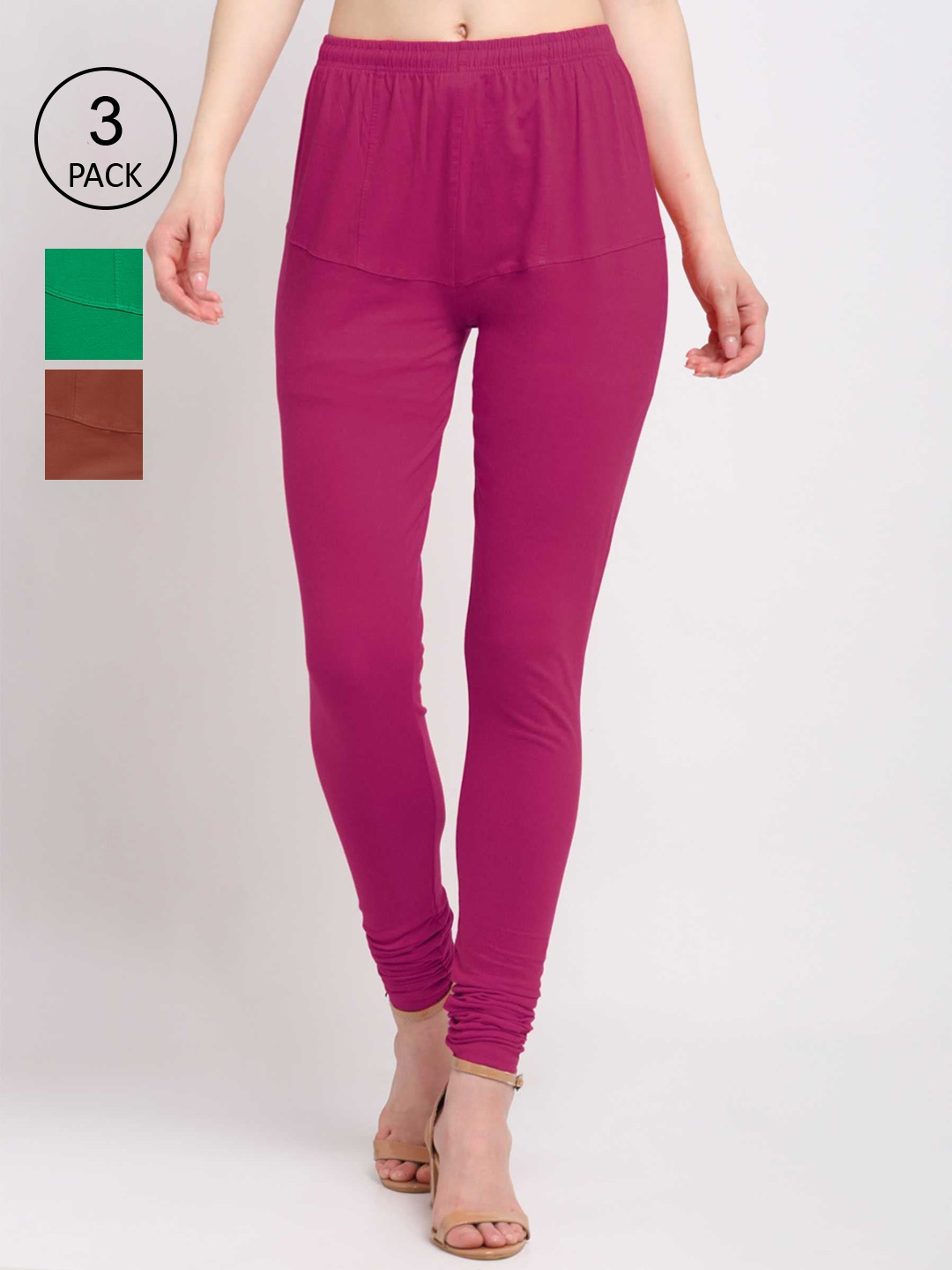 

KLOTTHE Women Pack Of 3 Solid Cotton Churidar-Length Leggings, Pink