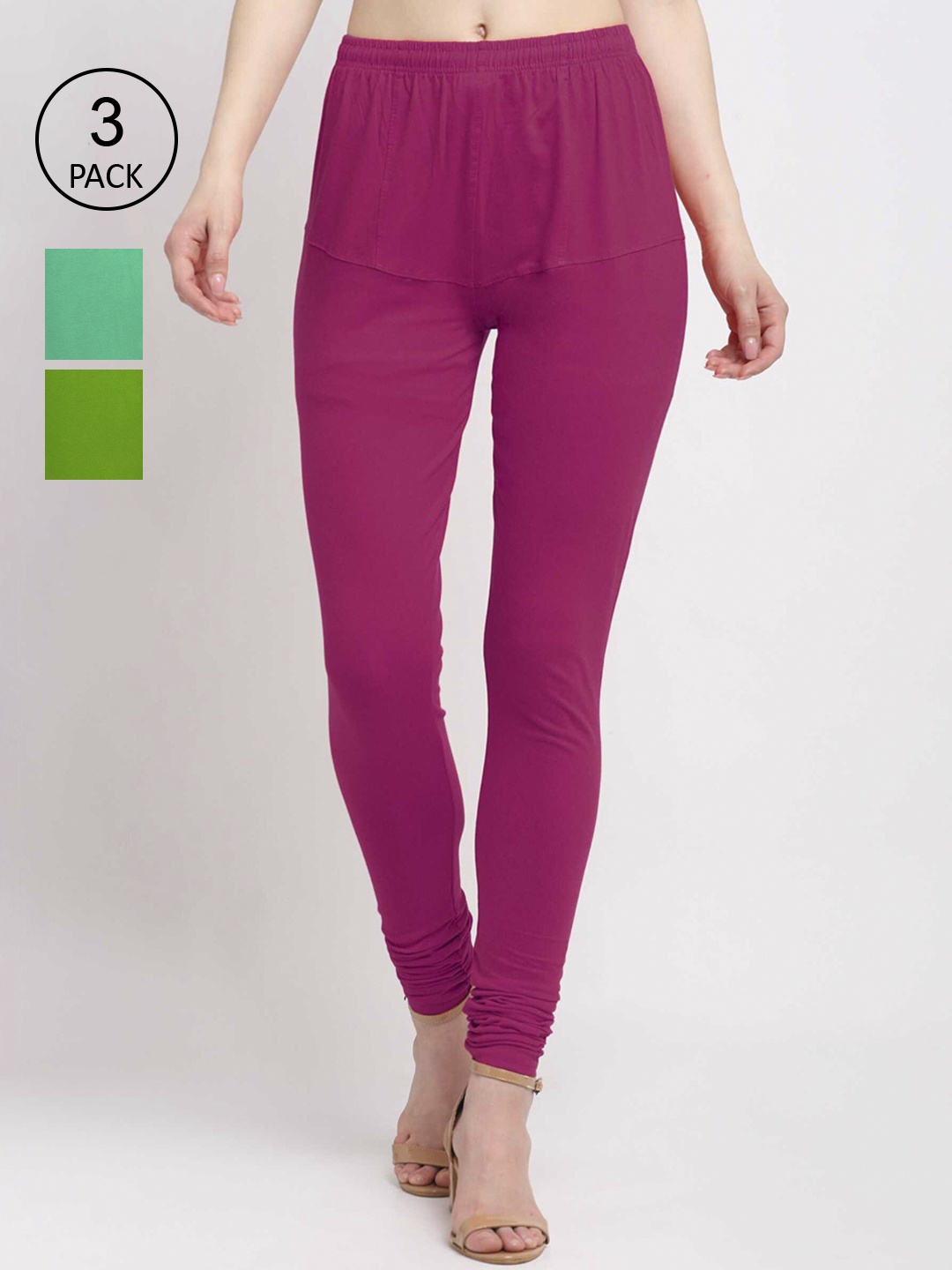 

KLOTTHE Women Pack Of 3 Solid Cotton Churidar-Length Leggings, Magenta